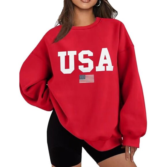Womens Oversized Fleece Sweatshirt USA Flag Long Sleeve Casual Comfort - Picture 1 of 4